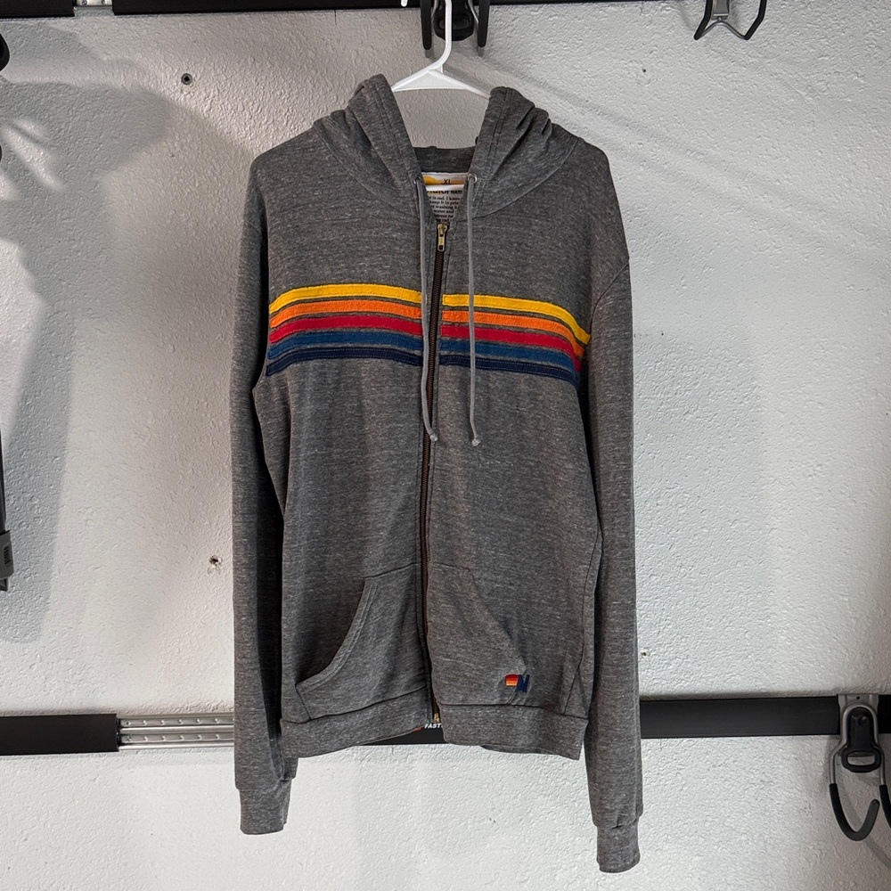 Aviator Nation Gray Zip-Up Sweater with Stripes